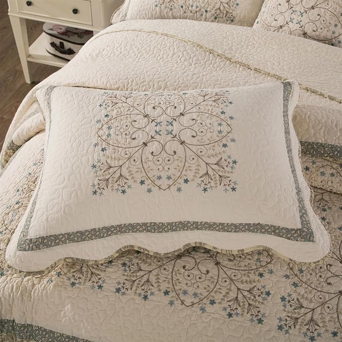 ROOMLIFE Quilt Set King Size 3D Floral Embroidery Pattern 3-Piece Cotton - Image 6