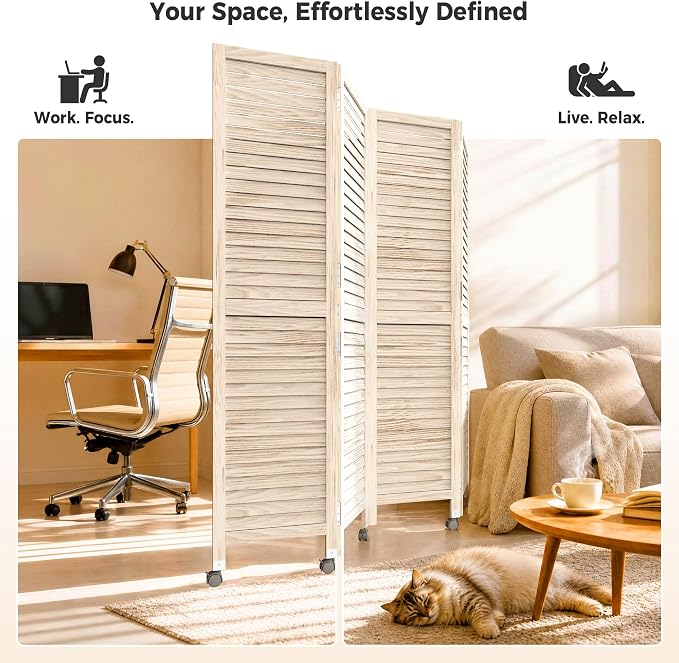 Amsleekey 4 Panel Wood Room Divider, Lockable Wheels, Freestanding Wall Divider - Image 4