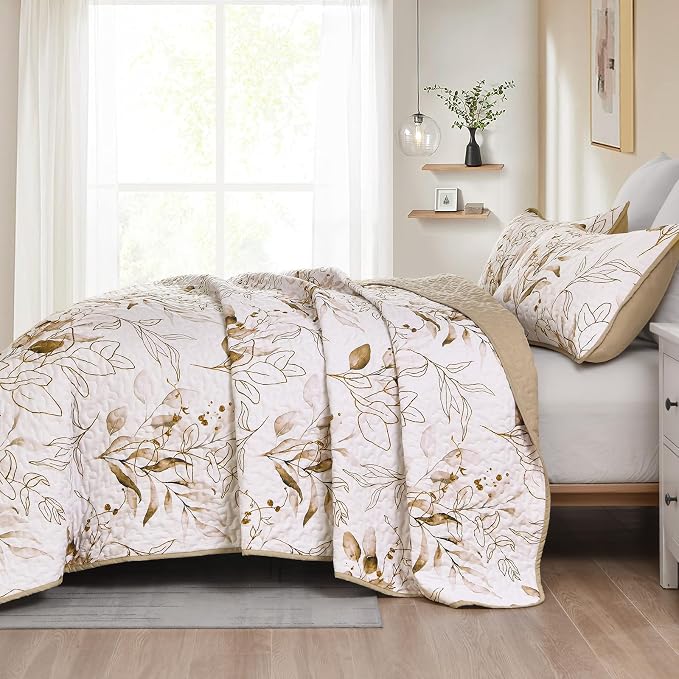 Anibedding Brown Quilt Set King, Fall Botanical Bedspread Bedding Set | Soft - Image 3