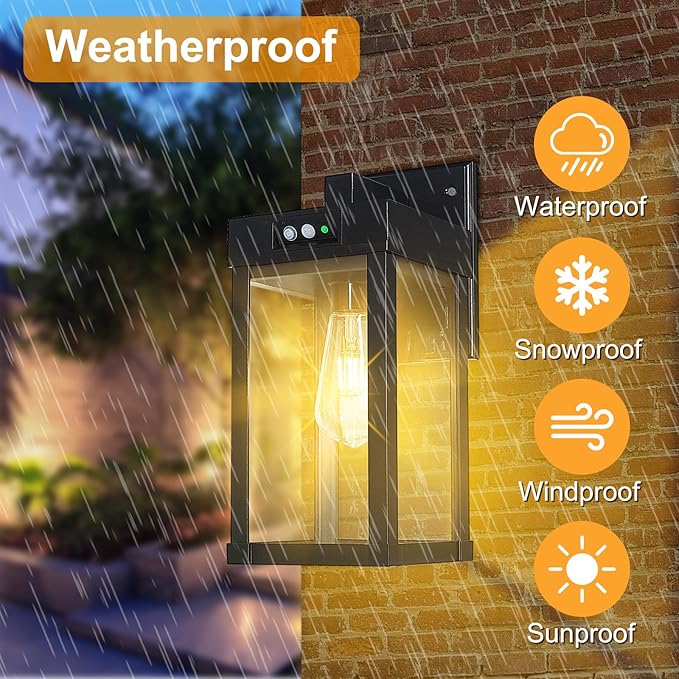 CYHKEE Solar Wall Lights Outdoor Waterproof with 3 Lighting Modes & Motion Sensor, Dusk to Dawn Exterior Porch Light fixtures, Solar Wall Lantern Fixture for Garage Patio Yard Garden