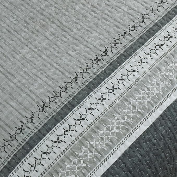 Cottolester Gery Quilt Set Queen, Soft Striped Texture Bedspread Coverlet | - Image 6