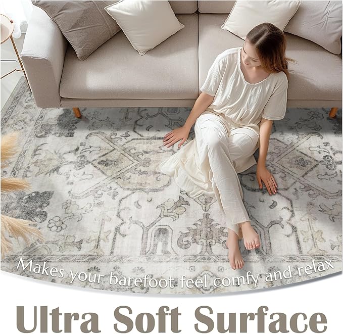jinchan 5x7 Area Rugs Machine Washable Vintage Floral Throw Rug for Living Room Soft Ultra-Thin Low Pile Non-Slip Carpet for Kitchen, Bedroom, Dining Room, Nursery (5x7ft, Taupe)