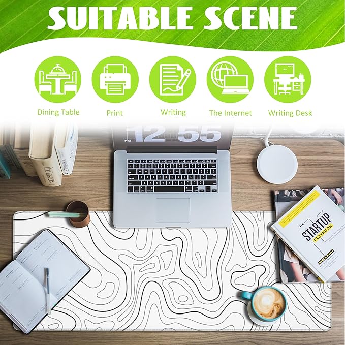 Eflxamz Desk Mat,White Topographic Contour Map Desk Pad,Topographic Contour Large Gaming Mouse Pad for Desk,Extended Big Computer Keyboard Mouse Pad with Non-Slip Base and Stitched Edge,31.5"x11.8"