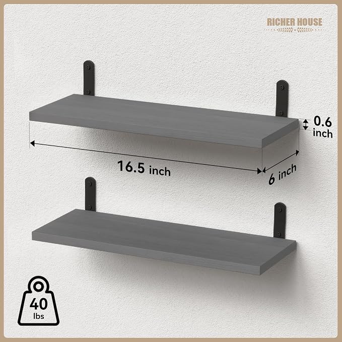 RICHER HOUSE Rustic Wood Floating Shelves, 2-Set Wall Mounted Shelves, 16In | - Image 3