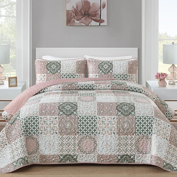 Quilt Set Queen Boho Plaid Patchwork Bedspreads Coverlet, Blush Pink | 3Pcs by Dobuyly