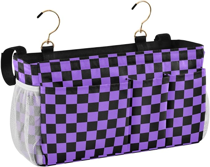 Checkerboard Black Purple Plaid Print Bedside Caddy Storage Bag Bedside by KOPIRIT
