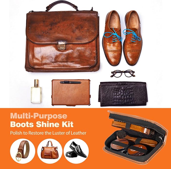 TOPUS Valentines Day Gifts Shoes Polish Kit, 3 Pieces Horsehair Brushes in 6.7in Handle, 1.4oz Black Brown Shoe Polisher