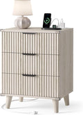 Wood Bedside Table w/Charging Station, 3 Drawers Fluted Dresser | Grey White by Lulive