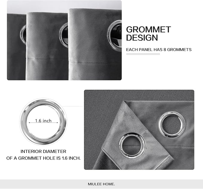 MIULEE Velvet Curtains Grey 52 x 63 Inch Length Set of 2 | Grommet Drapes - Image 2