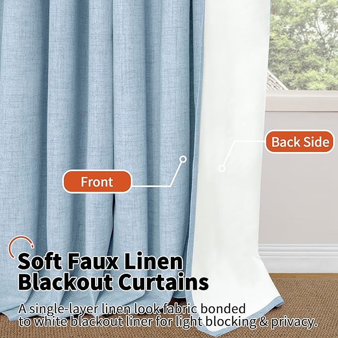 Baby Blue Linen Blackout Curtains for Nursery 72 Inch Length 2 Panels Set, Thermal Insulated Boho Total Black Out Noise Reducing Bonzer Grommets Window Curtains for Kids Bedroom, Each 52 Inch Wide