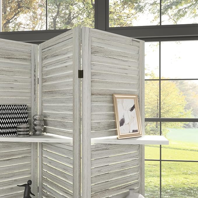 HOMCOM Room Divider with Shelves, 5 Panel, Distressed White | Wood Privacy - Image 9