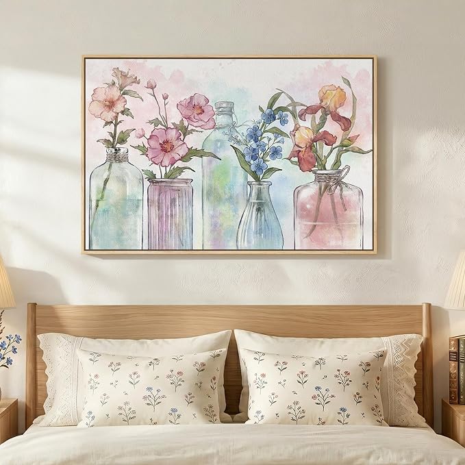 Framed Colorful Floral Wall Art, Modern Botanical in Vase Canvas Prints Painting - Image 6