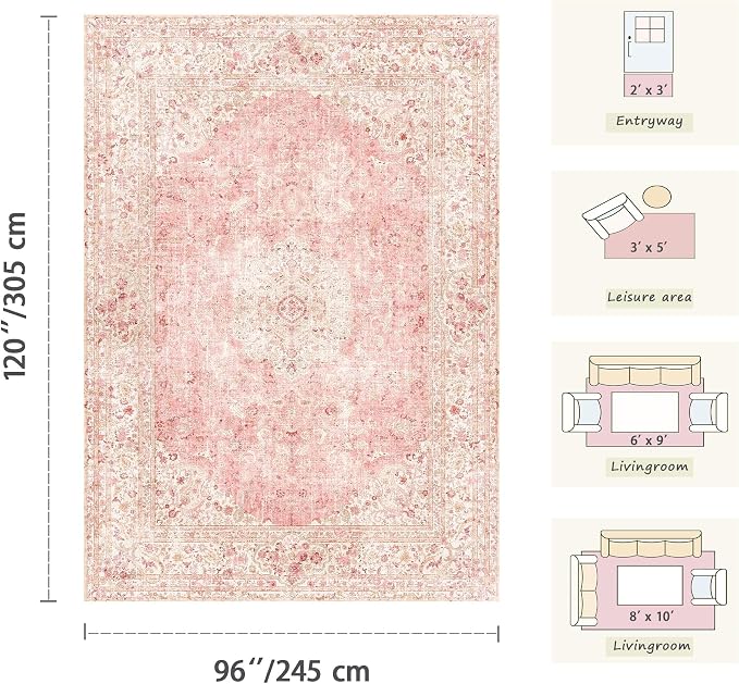 Latte&Fog 8x10 Area Rugs for Living Room Washable Large Pink Rugs Cute | Non - Image 2