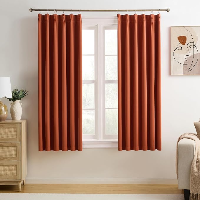 Burnt Orange Blackout Pleated Curtains Short 2 Panels Set 45 Inch Length by KEQIAOSUOCAI