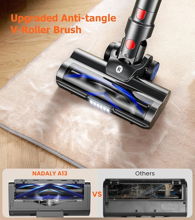NADALY Cordless Vacuum Cleaner, 500W 40KPA Stick Vacuum with 45min Runtime, Anti-Tangle Self-Standing Vacuum Cleaners for Home, Lightweight Vacuum for Hardwood Floor/Carpet/Pet Hair, Bronzed Gold