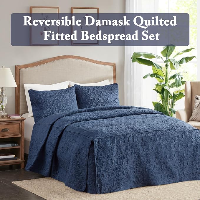 Madison Park Classic Traditional Damask Quilted Bedspread Set, All Season - Image 2