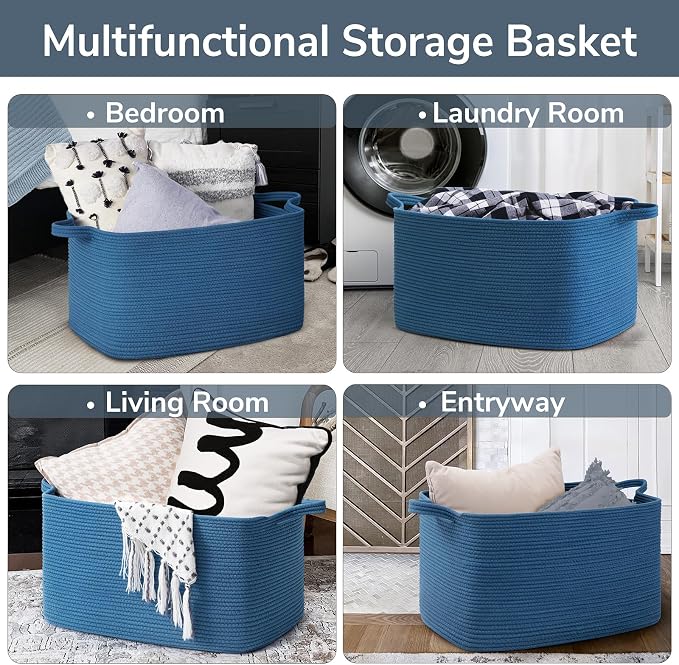 Goodpick Large Woven Rope Blanket Basket, Dark Blue | 21.6'' x 14.9'' x 11.8'' - Image 4
