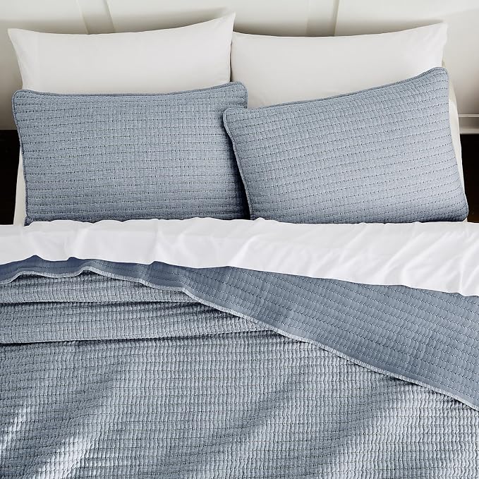 Chambray Pick Stitch Oversized King Size Quilt Set, California King Striped by WDCOZY
