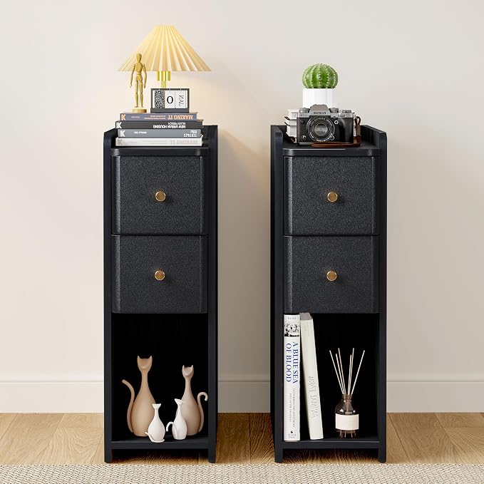 Narrow Nightstand Set of 2, Wooden Small 2 Drawer Nightstand, Slim Side End by FurSchFurniture