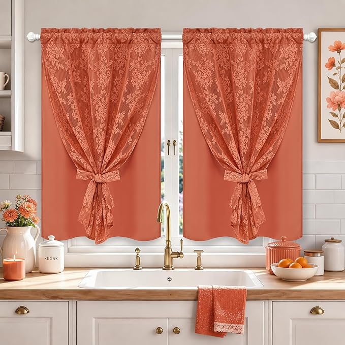Yinhua Terracotta Kitchen Curtains 36 Inch Length Double Layer Curtain by yinhua