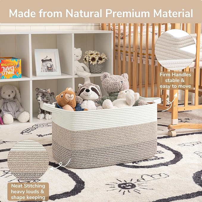 Goodpick Large Woven Rope Blanket Basket, Light Brown | 21.6'' x 14.9'' x - Image 6