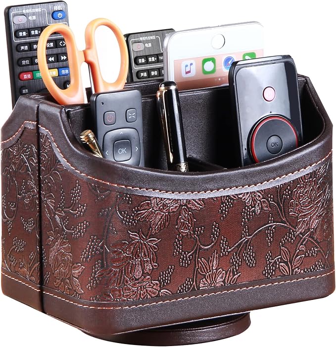 PU Leather 360° Rotatable Remote Control Holder, Nightstand TV Remote Caddy | by PUSU