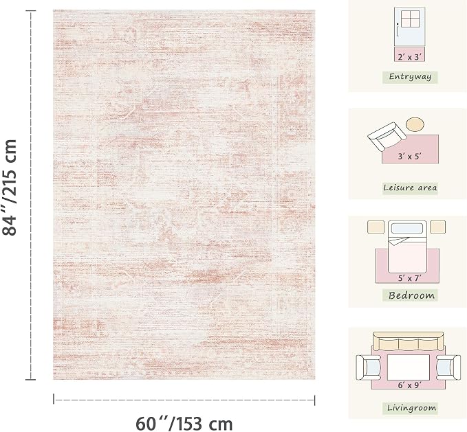 Latte&Fog 3x5 Entryway Pink Area Rugs, Vintage Floral Washable Cute Rugs | - Image 2