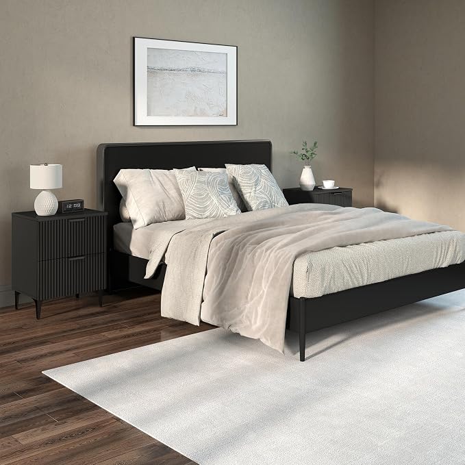 Black Fluted Nightstand Set of 2, Modern Night Stands - Image 2