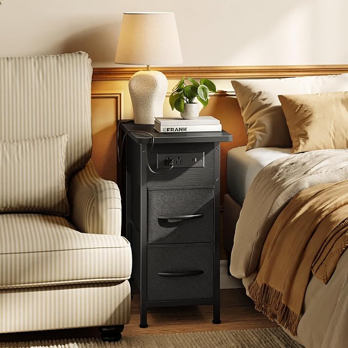 Huuger Narrow End Table with Charging Station, Side Table with 2 Drawers | Slim - Image 6
