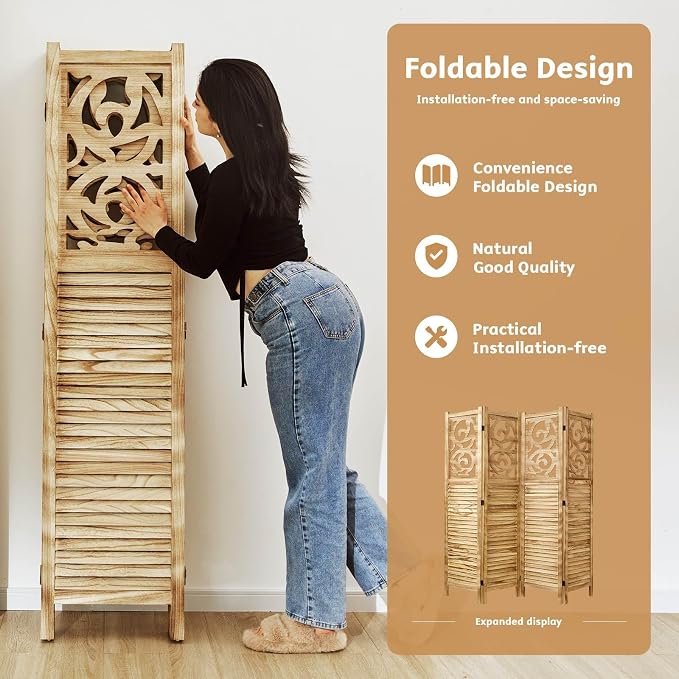 Svimi Folding Room Divider, 5.6Ft 4 Panels Wood Carved Privacy Screens - Image 4