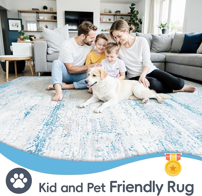 10x14 Washable Area Rug for Living Room Bedroom: Non-Slip Modern Light Blue | - Image 4
