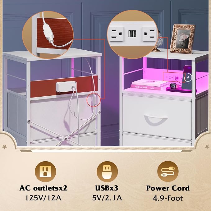 WLIVE Nightstand with Charging Station, 31.9" H Nightstand with 3 Fabric Drawers - Image 7