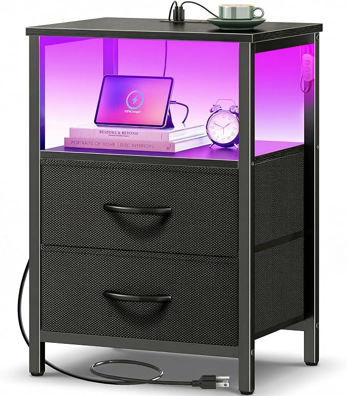 Huuger Night Stand with Charger Station and LED Lights, 2 Drawer Nightstand | by Huuger