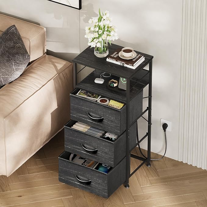 WLIVE Nightstand with Charging Station, 31.9" H Nightstand with 3 Fabric Drawers - Image 6