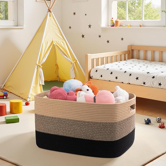 OIAHOMY Blanket Basket Laundry Basket Dog Toy Basket 75L Yellow Black | Large - Image 8