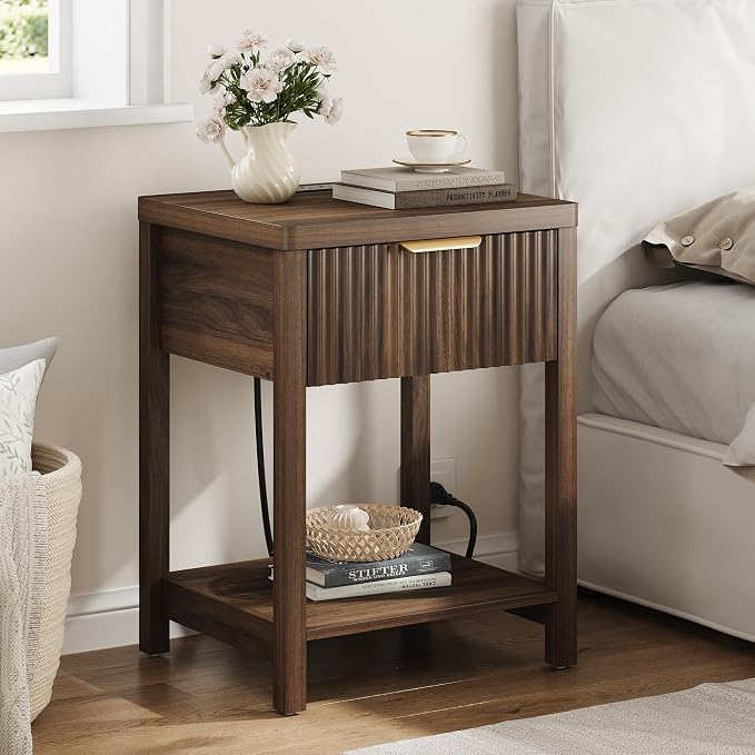 Night Stand Set 2, Fluted Wood Nightstands w/Charging Station - Image 8
