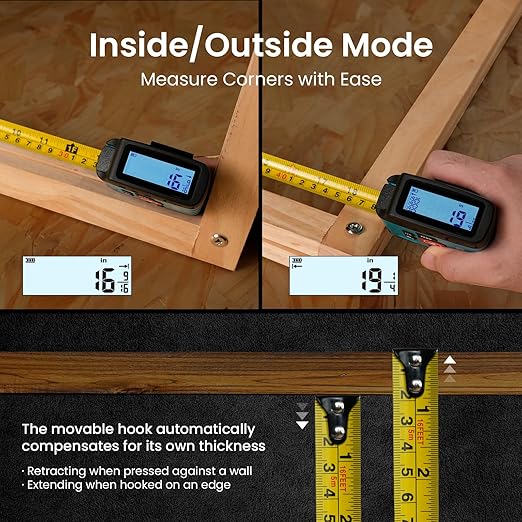 Digital Tape Measure 16 Ft, 2.4" LCD Display, 6 metric and imperial units, Easy Read Digital Measuring Tape Retractable with Fractions 1/16 Rechargeable Measurement Tool for Distance/Area/Volume, Blue