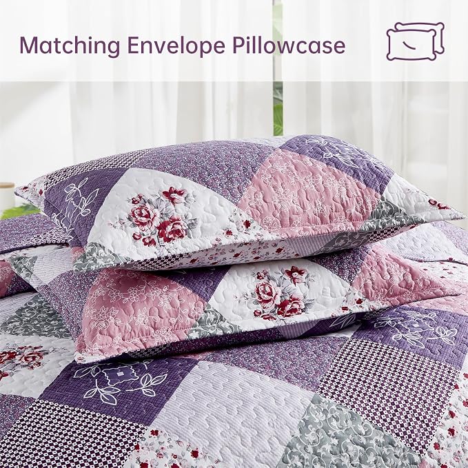 Dinjoy Boho Quilt Set Queen Size, Patchwork Floral Bedspreads, Reversible - Image 7