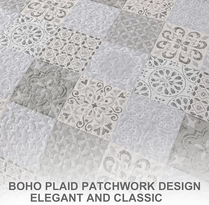 Dobuyly Queen Size Quilt Set Boho Grey Beige Plaid Patchwork Bedspreads - Image 5