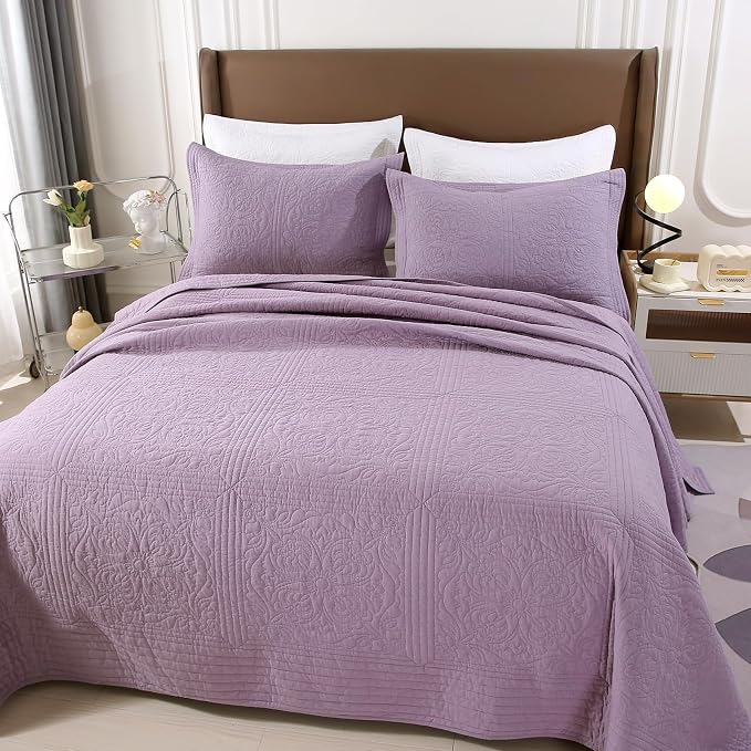 ROOMLIFE Quilt Set Queen Size 3D Floral Embroidery Pattern 3-Piece Cotton - Image 2