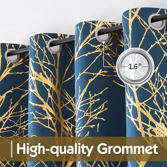 FMFUNCTEX 100% Blackout Navy Gold Foil Tree Curtains 96 Inch Long 2 Panels | - Image 3