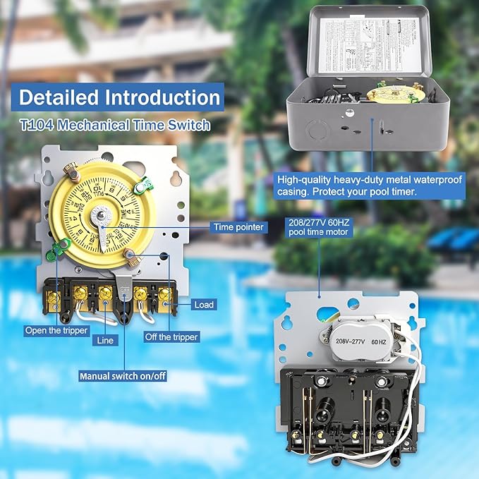 T104 Mechanical Timer Switch, 208–277 VAC 40 Amp,Pool Pump Switch, 24 Hour 12 ON/Off for Pump, Heavy Duty Pool Timers Outdoor, Timer for Lights HVAC Systems, 5 Years Warranty