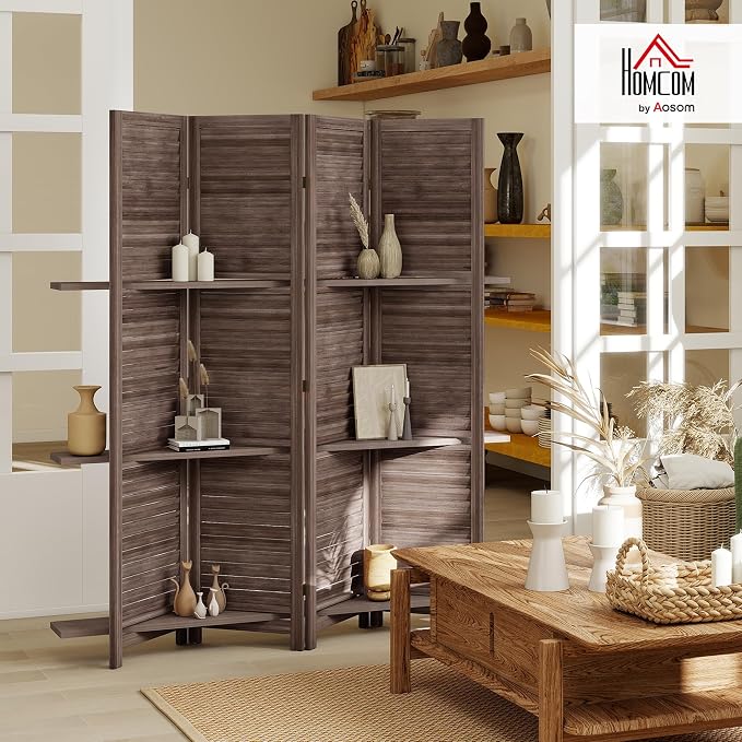 HOMCOM Room Divider with Shelves, 4 Panel, Walnut | Wood Privacy Screen - Image 2