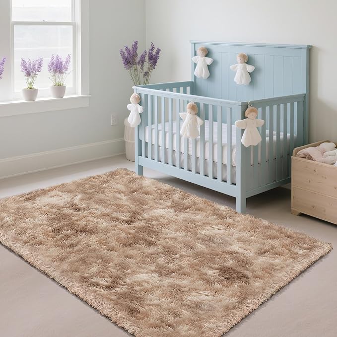 Mottled Beige 3x5 Area Rugs for Bedroom, Fluffy Shag Rug Small Carpet | - Image 2