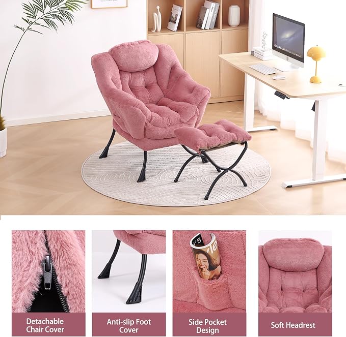 Lazy Chair with Ottoman, Comfy Accent Reading Chair, Plush Dark Pink | Foldable - Image 4