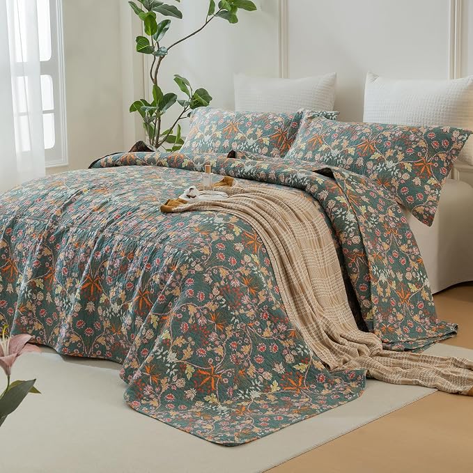 QSH 3Pcs Oversized King Quilt Bedspread Set-100% Cotton Floral Quilt California - Image 3
