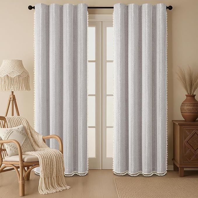 Grey 100% Boho Blackout Curtains 84 Inch 2 Panels - Image 2