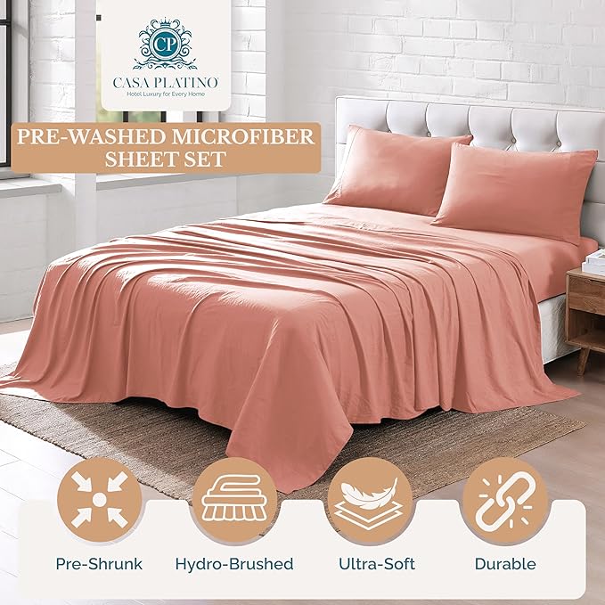 Casa Platino Bedding Sheets & Pillowcases, Pre-Washed Ultra Soft & Breathable Full Size Sheets, Brushed Microfiber Sheet Set, Fade Resistant Full Size Sheets Set with Deep Pockets - Rose Dawn