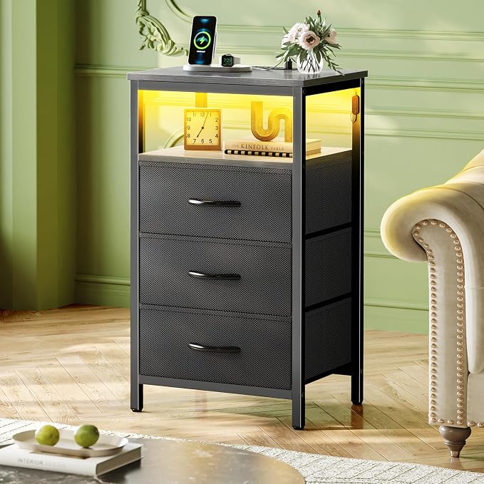Huuger Night Stand with Charger Station and LED Lights, 3 Drawer Nightstand | - Image 2