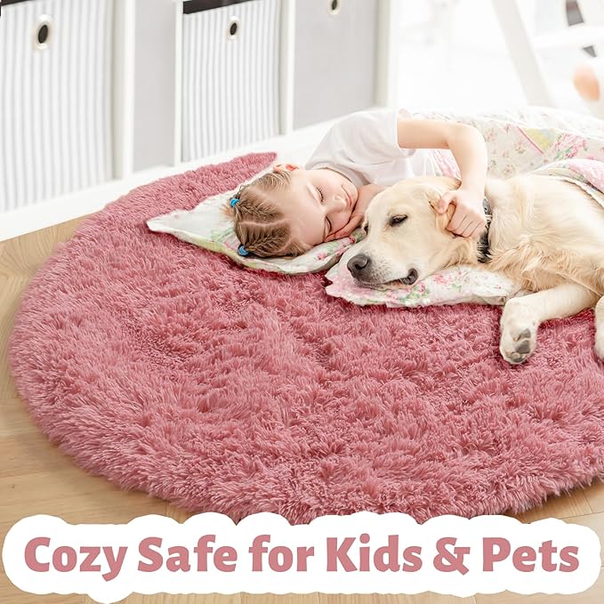 Amdrebio Blush Pink Circle Furry Area Rug 5Ft - Image 3